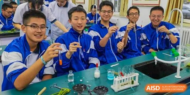 Close-up of two students from Dalian No.24 High School Cambridge International A-Level Centre in blue uniforms conducting a chemistry experiment with test tubes and chemicals on a lab bench.