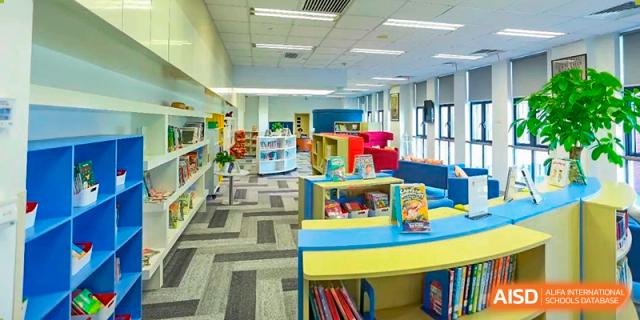 The library at Dulwich College Shanghai Puxi with colorful furniture.