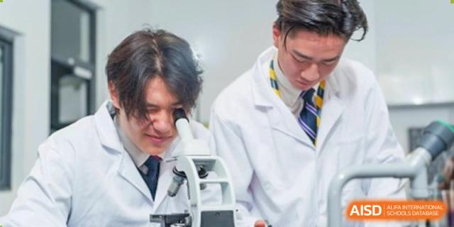 A male student at Dulwich College Suzhou is looking through a microscope in a science lab. He is wearing a lab coat and is concentrating on his work.