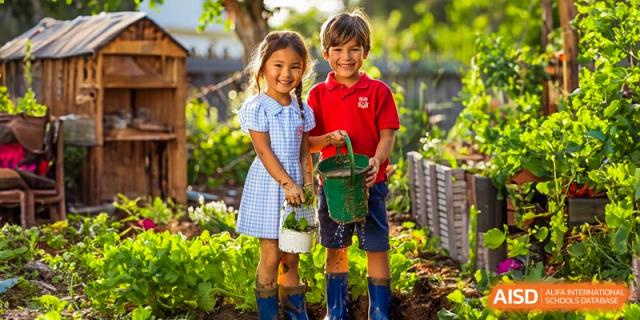 Two young students at Dulwich College Suzhou are in a garden, wearing boots. One student is holding a small watering can while the other holds a plant.
