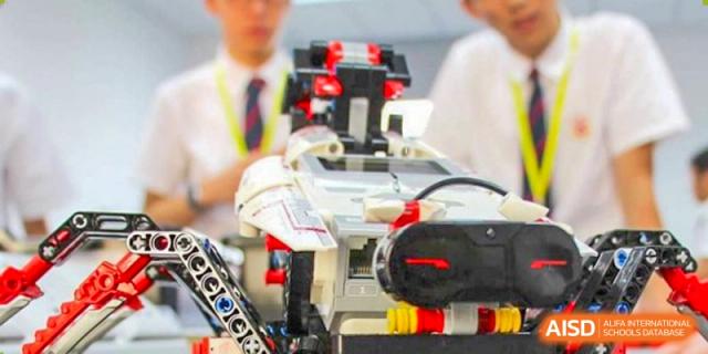 A close-up of a student-built robot from Dulwich International Suzhou High School Programme.
