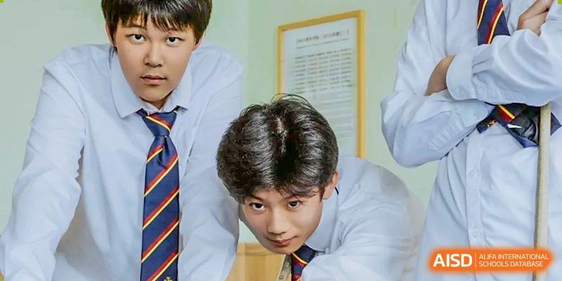 A male student at HAILIANG FOREIGN LANGUAGE SCHOOL looks directly at the camera while leaning over his desk.