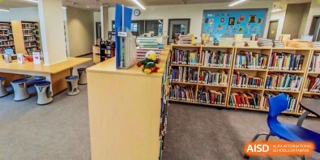 A close-up of a wooden bookshelf filled with books in a school library at HD Qingdao School.