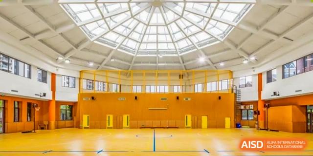 An empty school gymnasium with wooden floors and high ceilings HD Qingdao School.