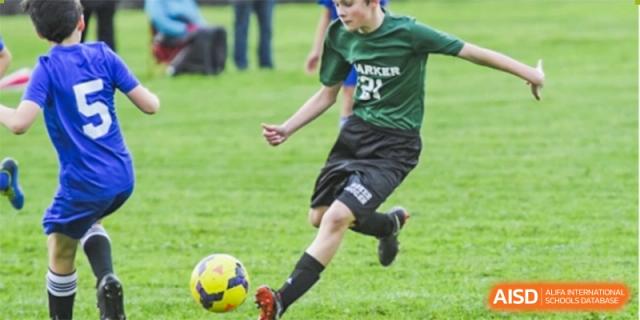 A young boy in a green soccer jersey kicking a soccer ball on a field at HD Qingdao School.