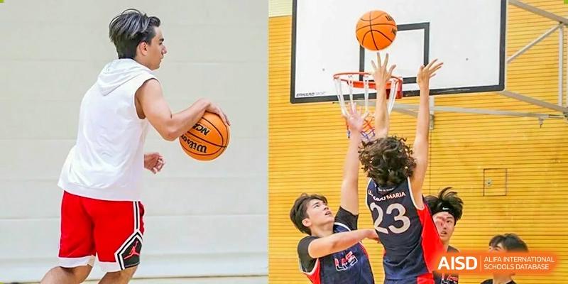 A Lycée Français de Shanghai student is playing basketball and aiming to shoot the ball into the hoop.