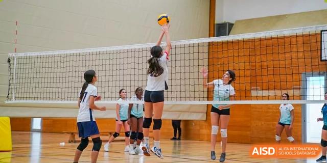 Lycée Français de Shanghai students are playing volleyball in a gymnasium.