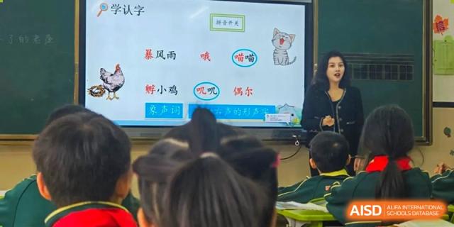 A view from behind students, showing the class focusing on educational content displayed on a large screen with Chinese characters and images at Maple Leaf School- Xiangyang.