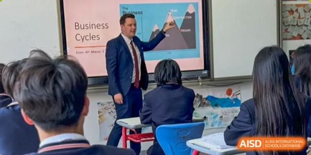 A teacher in a suit lecturing students, pointing to a screen displaying information about business circles in a classroom at Weiming International Qingdao.