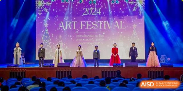 A poster and students on stage for the 2024 Art Festival at Shanghai High School International Division.