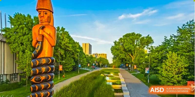 A scenic view of a tree-lined walkway with a long, reflective water feature on the campus of Sino-Canada School.