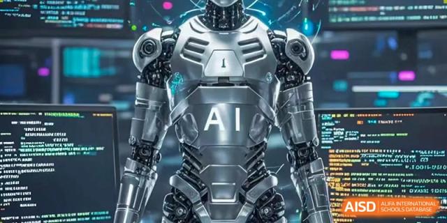 A futuristic silver robot with AI on its chest. The robot has a muscular, metallic body in a brightly lit, technological environment Suzhou Experimental High School International Center.
