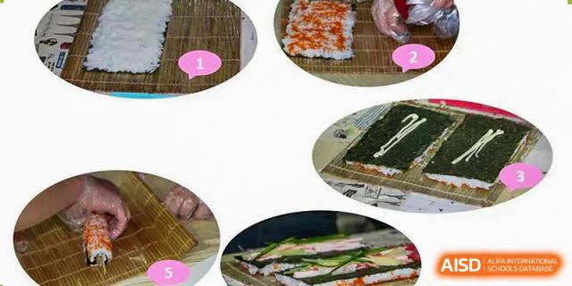 A graphic showing different stages of making sushi, with the logo of Suzhou Experimental High School International Center visible.