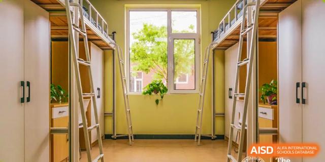 An empty dormitory room with bunk beds and a window at The MacDuffie School Tianjin.