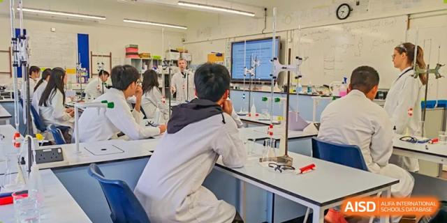 A Zhejiang Wenzhou High School International Division student in a white lab coat conducting an experiment at a laboratory bench with beakers and equipment.