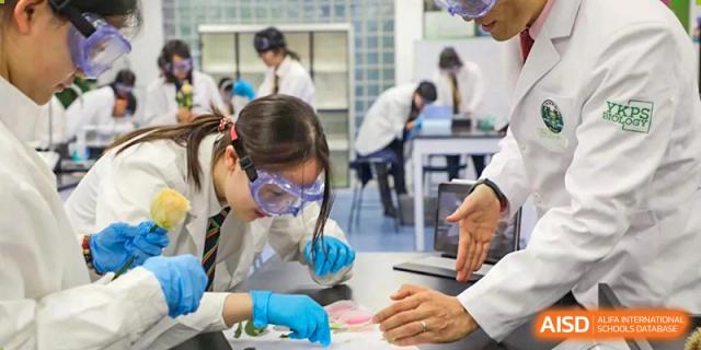 A student from YK Pao School wearing safety goggles and gloves while conducting a science experiment.