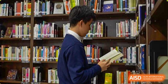 A male student from YK Pao School browsing books in the school library.