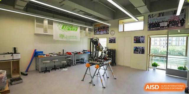 The interior of a modern workshop or lab at YK Pao School with various tools and equipment.