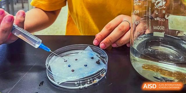 A close-up of a student performing a science experiment at Zhuhai Qiao International School, with a hand pointing to a petri dish containing a clear substance and small blue and red droplets.