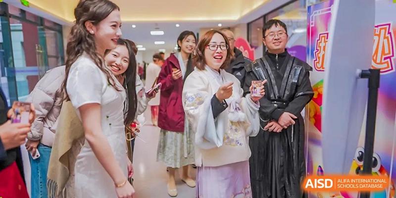 Chengdu No.7 High School International Department teacher or staff member smiling while attending an event in traditional Chinese clothing.