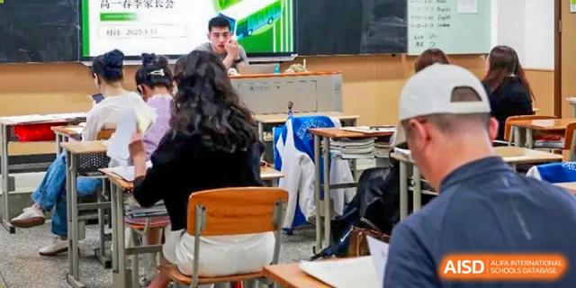 Chengdu Shishi High School Cambridge A-Level Centre students and a teacher in a classroom setting.