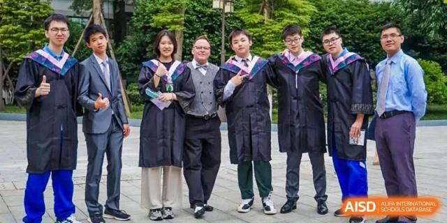 Chengdu Shishi High School Cambridge A-Level Centre students in graduation gowns celebrate.