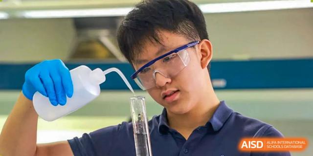 A male student from Concordia International School Shanghai wearing safety goggles and examining a test tube in a science lab, with fog in the background.