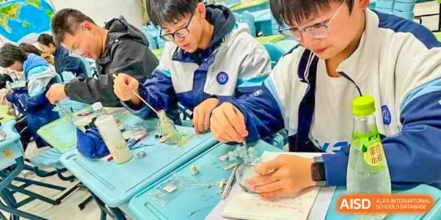 A student in a blue jacket working hands-on with small components during an engineering or technology class at the Hefei No.1 High School.