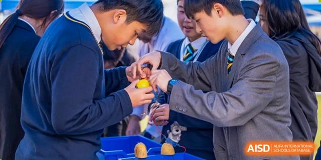 A group of older students collaborating on a hands-on physics or engineering experiment using everyday objects at Hiba Academy Hangzhou.