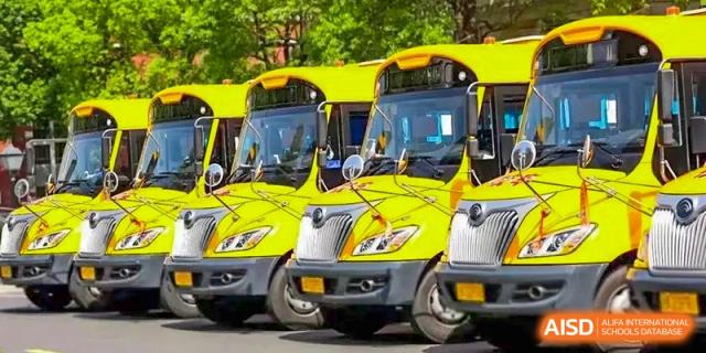 A line of bright yellow school buses parked outside, representing student transportation at Hiba Academy Hangzhou.