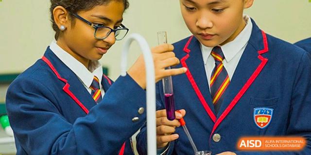 Two older students in their school uniforms performing a chemistry experiment, pouring a purple liquid from one container into a test tube using laboratory equipment at Wuhan Aoxin Elite School.
