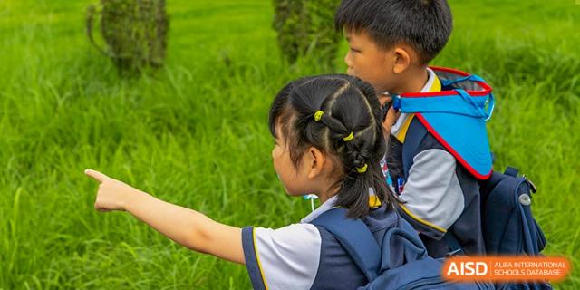 A young girl in a school uniform, with her hair in braids, reaching out while standing on a grassy field at Wuhan Aoxin Elite School.