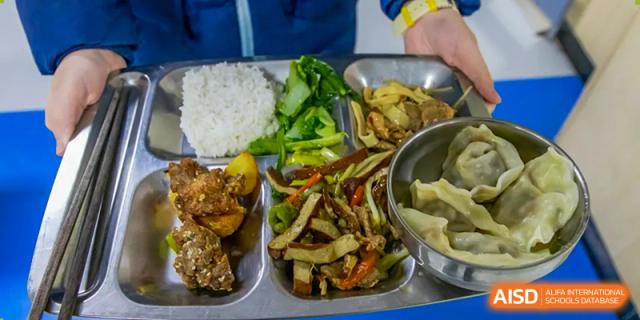 A close-up of a well-balanced school lunch served on a segmented tray, featuring rice, leafy greens, and meat dishes at Wuhan Aoxin Elite School.