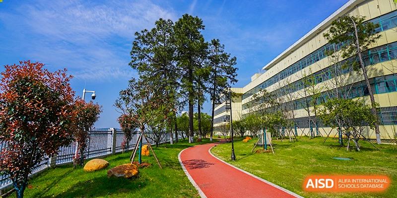Wuhan Hongshan High School International Department - Outdoor view of a curving red running path and green lawn on campus, with large trees and modern white buildings in the background.