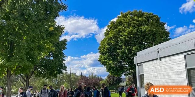 Wuhan Hongshan High School International Department - Outdoor scene on a sunny day with a group of students and staff gathered under large green trees, with a bright blue sky and white clouds overhead.