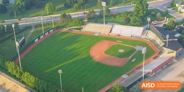 Aerial view of an outdoor baseball field. Wuhan Hongshan High School International Department. Well-maintained green grass, dirt infield, and a circular track visible in the background.