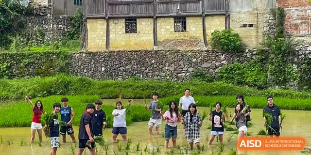 Students participating in an outdoor activity near an old stone building, possibly a service or cultural trip, organized by BEIJING CHAOYANG TONGWEN FOREIGN LANGUAGE SCHOOL.