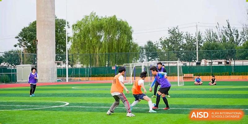 Students in orange and purple jerseys playing soccer on a green turf field with a large willow tree in the background at BEIJING CHAOYANG TONGWEN FOREIGN LANGUAGE SCHOOL.