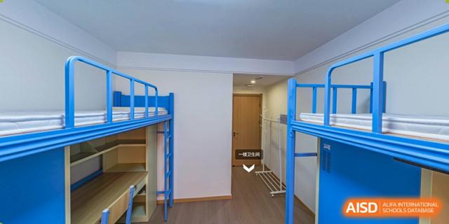 A clean, simple student dormitory room interior featuring blue metal bunk beds and wooden flooring at BEIJING CHAOYANG TONGWEN FOREIGN LANGUAGE SCHOOL.