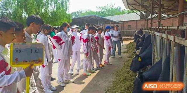 A line of students from Shijingshan School of The High School Affiliated to Renmin University of China, wearing white tracksuits, walks outdoors.