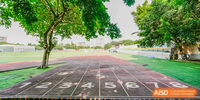 View of the numbered lanes on the red running track with lush green trees bordering the field. Beanstalk International Bilingual School (BIBS) - Chengdu