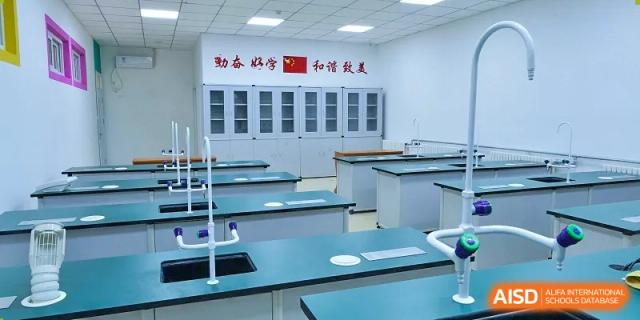 An empty science laboratory with lab equipment at Beijing Zhongguancun Foreign Language School.
