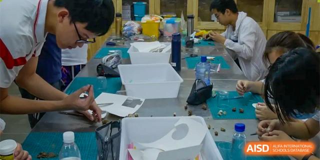 Students are seated at a table, working on a project with white boxes and various materials at the International Curriculum Center of RDFZ.