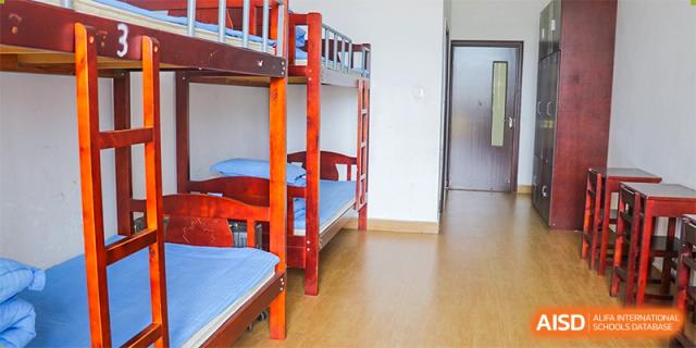 A student dormitory room featuring wooden bunk beds with light blue bedding, showcasing student accommodation at Maple Leaf Foreign Nationals School-Yiwu.