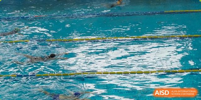 A close-up of the ripples on the surface of a swimming pool at the Qingdao Amerasia International School.