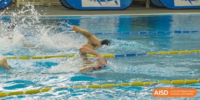 A male swimmer doing the butterfly stroke in a swimming pool during a race at the Qingdao Amerasia International School.