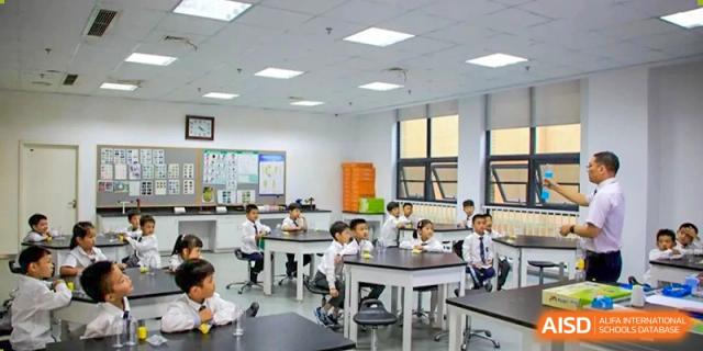 Students from Rugao International Academy BFSU working on a project in a classroom.