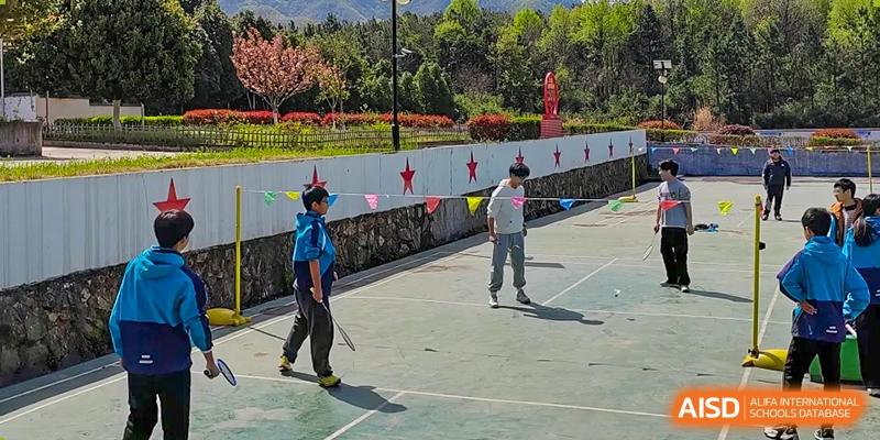 Two male students walking past a row of red stars and flags during an outdoor activity at Shanghai Wenlai International School.