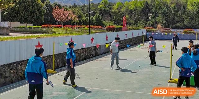 Two male students walking past a row of red stars and flags during an outdoor activity at Shanghai Wenlai International School.