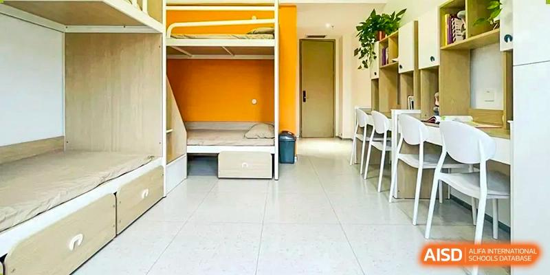 A clean, simple dormitory room with an orange accent wall and a bunk bed at Sias International School.